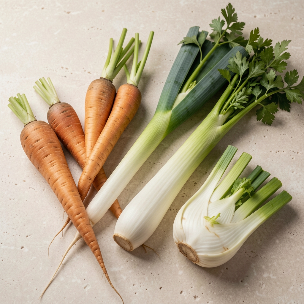 Seasonal winter vegetables including parsnips, leeks and celeriac arranged on a pale stone surface under soft natural light, editorial overhead food composition
